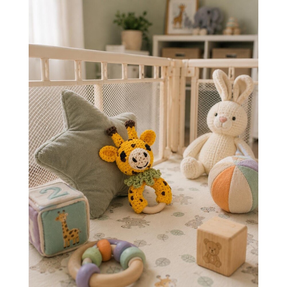 Handmade Crochet Giraffe Baby Rattle Wooden Ring Teether Soft AmigurumiHome